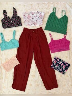 Classic High-Waist Wide-Leg Pants in Burgundy w/7 Crop Tops. THE Cutest Outfits!